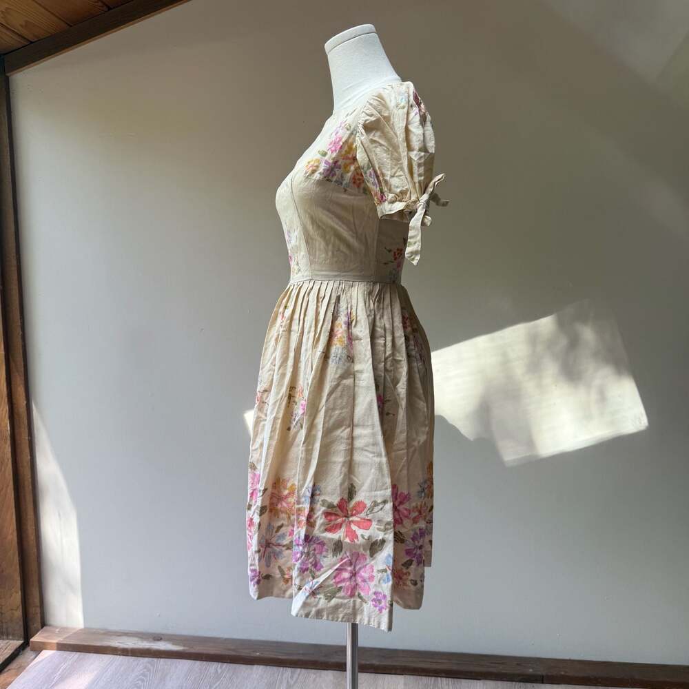 Vintage 1950s Puff Sleeve Floral Print Cotton Midi Day Dress - Picture 5 of 12